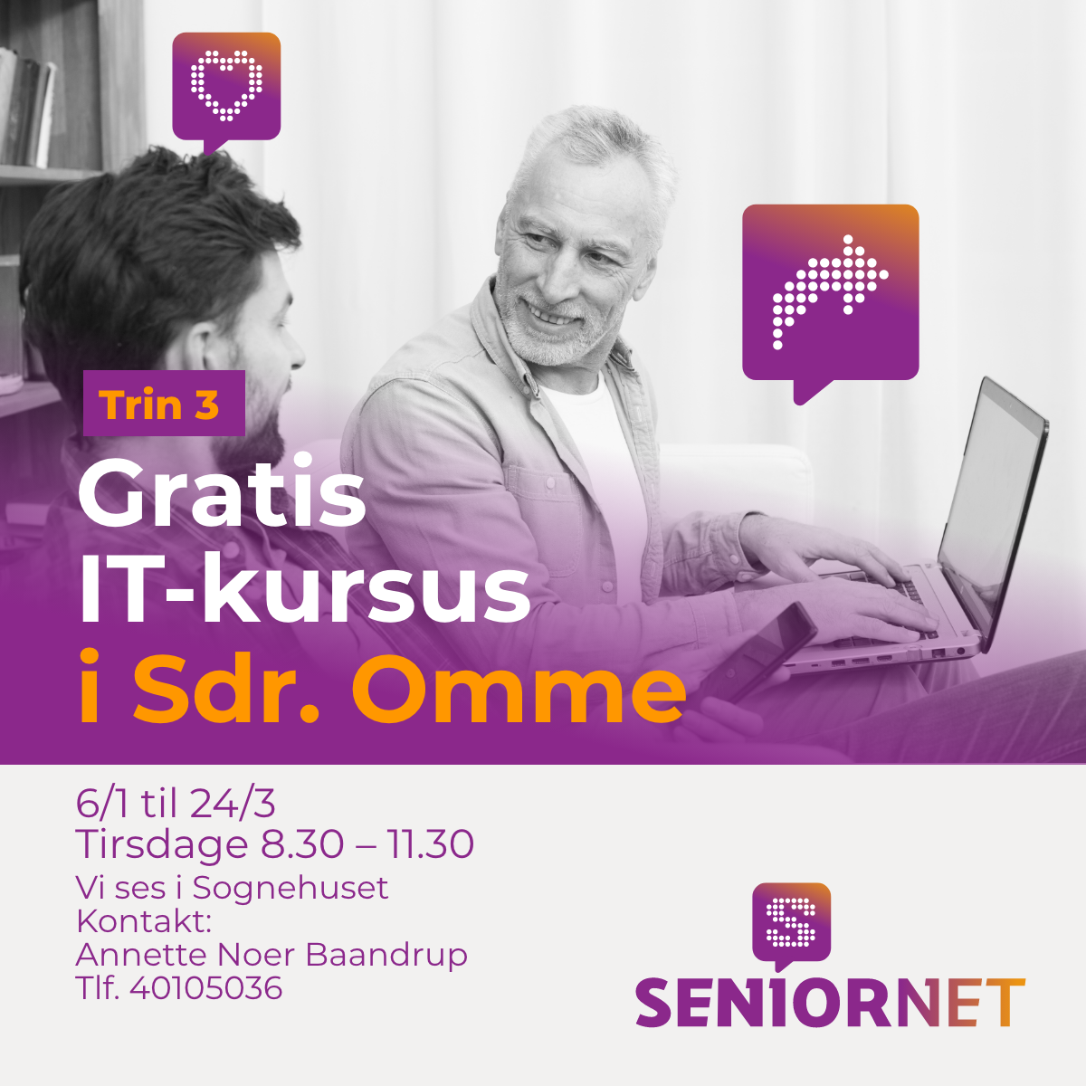 Reklame for Seniornets IT-kursus Trin 3: voksne der kigger på mobil sammen