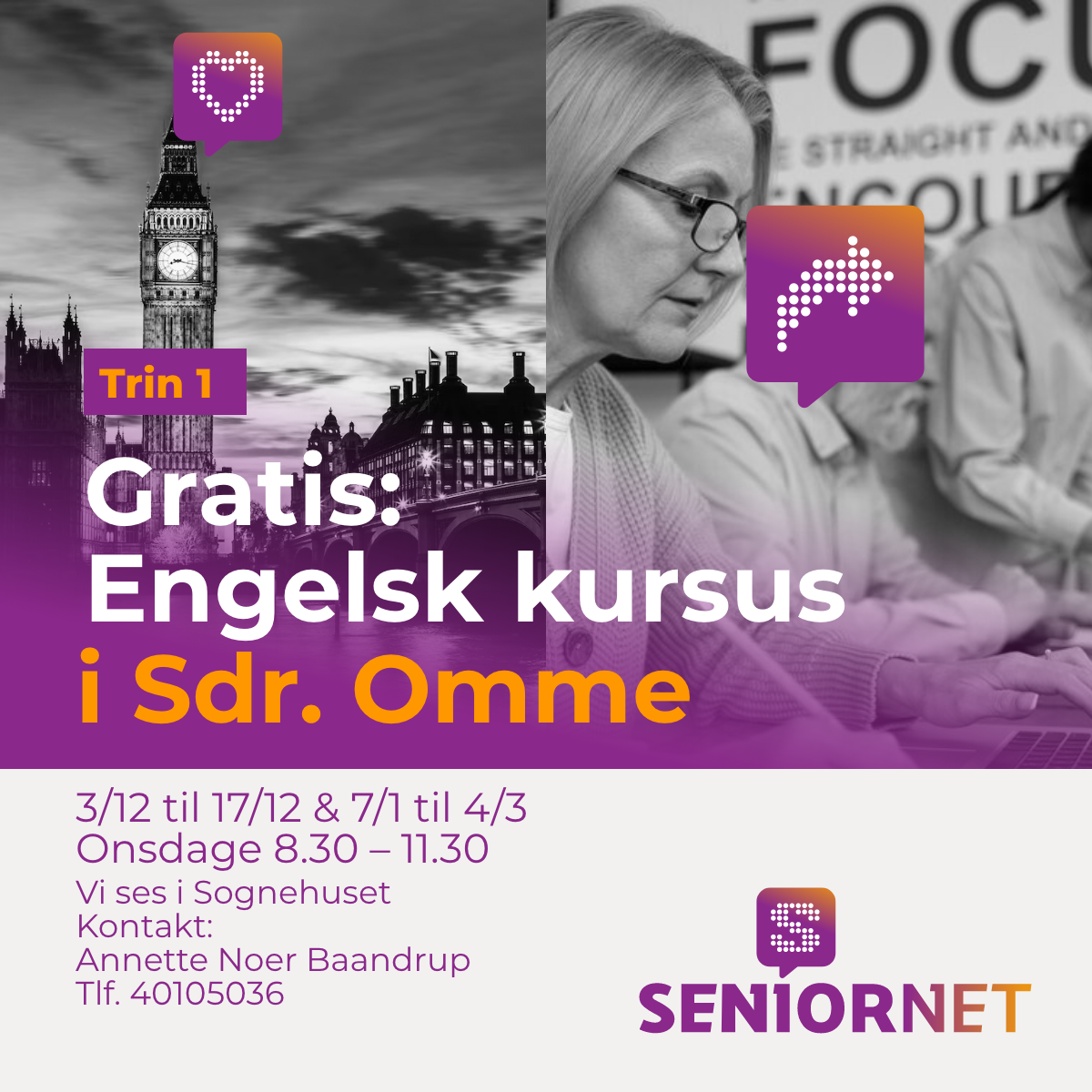 Reklame for Seniornets IT-kursus engelskkursus: Big Ben og voksne, der arbejder
