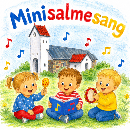 Minisang med små børn siddende foran kirken