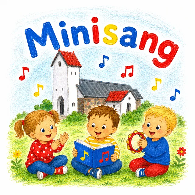 Bilede om Minisang, tegning af kirken og børn