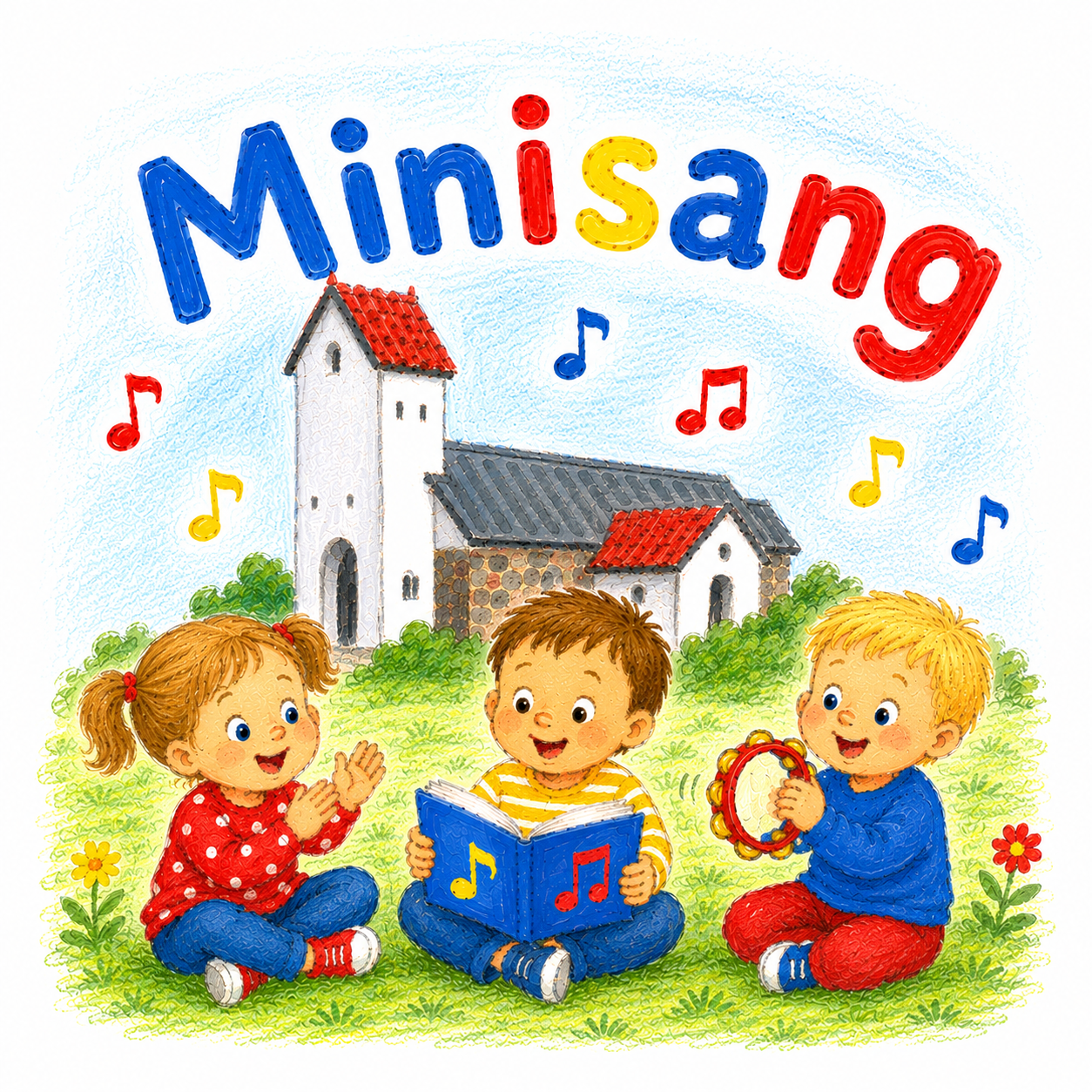 Minisang med små børn siddende foran kirken