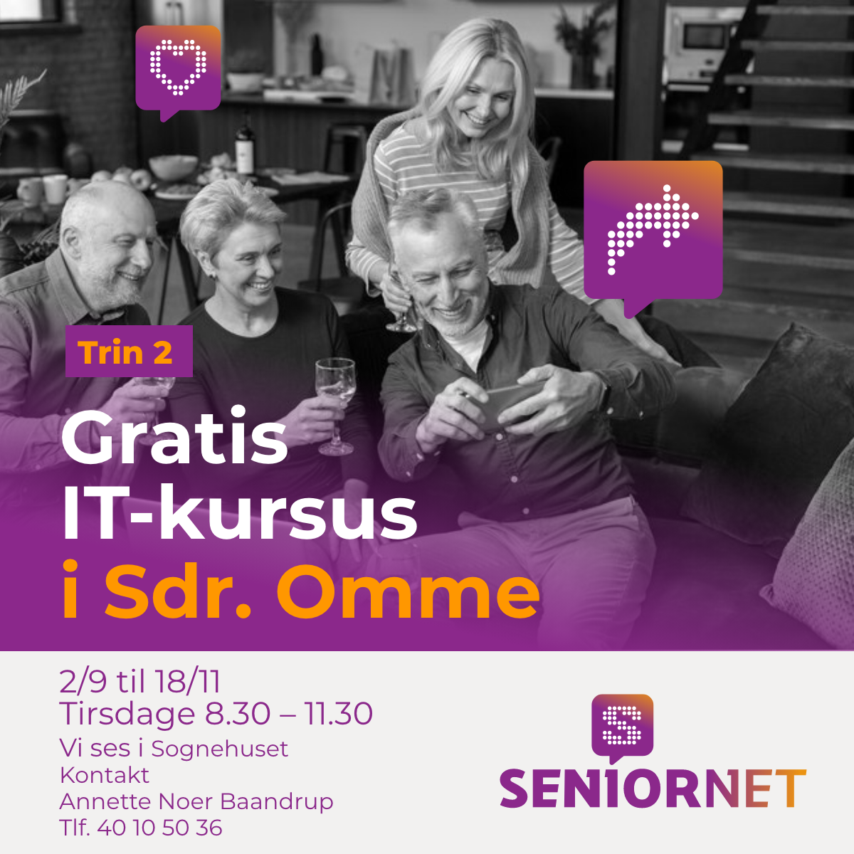 Reklame for Seniornets IT-kursus Trin 2: voksne der kigger på mobil sammen