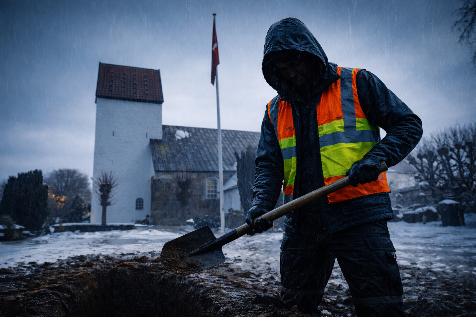 AI genereret billede af graver foran Sdr. Omme Kirke
