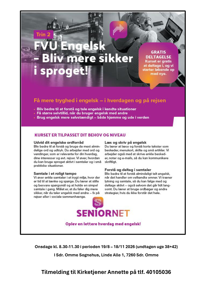 Reklame for Seniornets IT-kursus engelskkursus: Big Ben og voksne, der arbejder